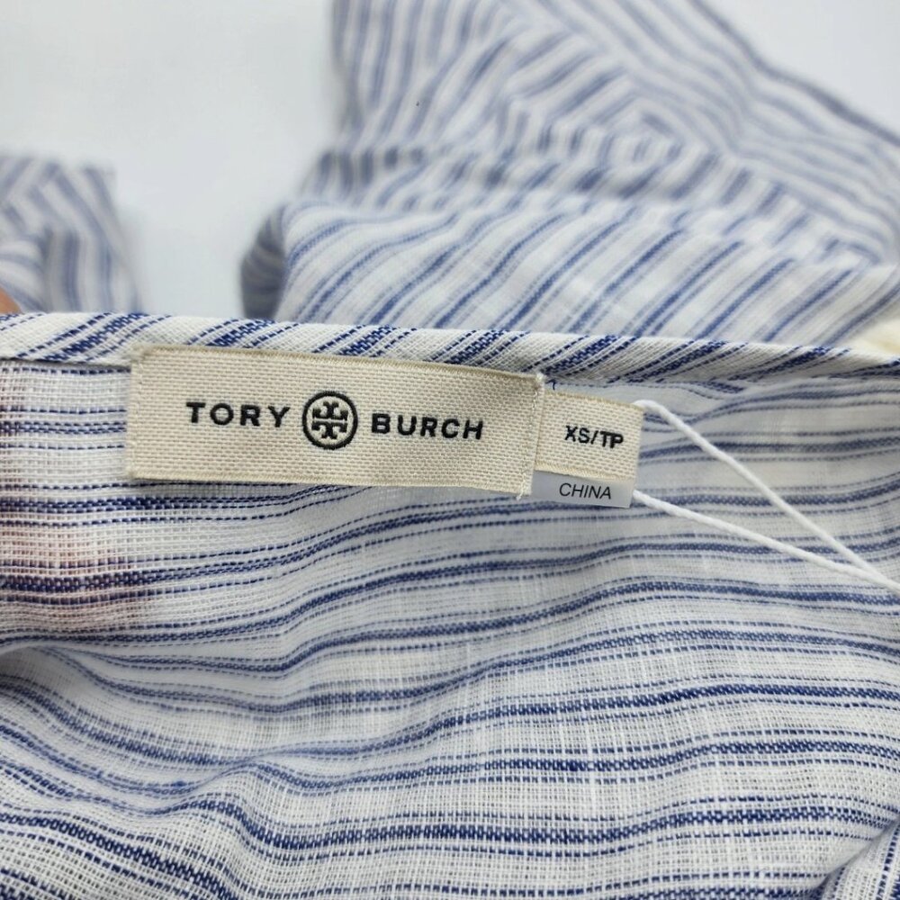 Tory Burch Women's XS Striped Tassel Midi Caftan MSRP $328 Dress In Ivory Blue - Picture 5 of 14
